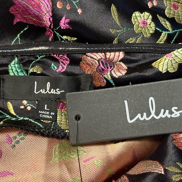 Lulus Make A Move Dress, Size Large, Satin Floral Jacquard Strapless Midi Black - Picture 8 of 16